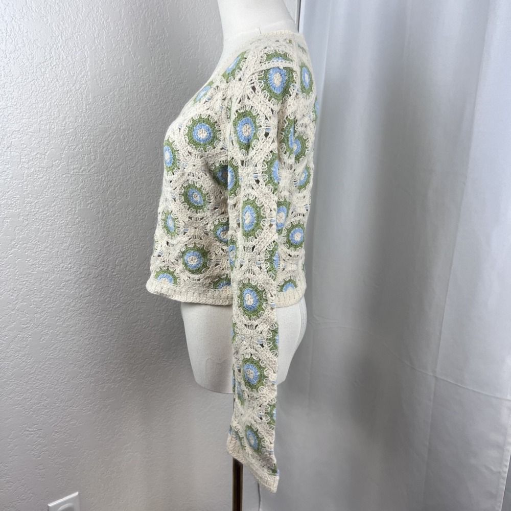 Y2K Granny Square Sweater Womens OS Cream Semi Crop Cardigan Boho Cottagecore - Picture 3 of 9